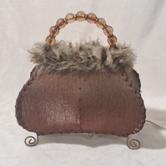 Vintage Purse Shaped Lamp Light Mauve w/ Feather Trim Night Light 11"x11.5" - Picture 8 of 11